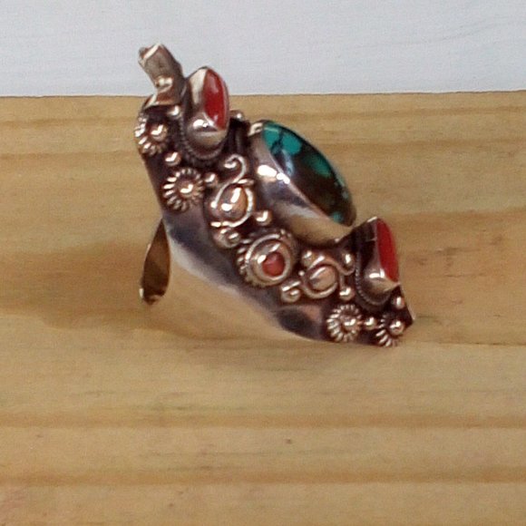 Sterling Silver Turquoise and Red Coral Ring: Size (10). Unisex. New - Picture 4 of 12